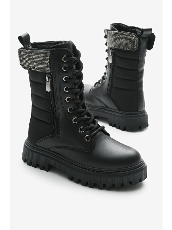 Tonny Black Siyah Tonny Black Cilt Termo Kız Çocuk Taban Taş Detaylı Fermuarlı ve Bağcıklı Cırtlı Bot