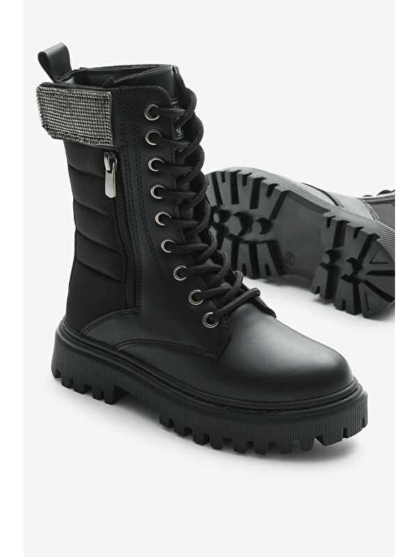 Tonny Black Siyah Tonny Black Cilt Termo Kız Çocuk Taban Taş Detaylı Fermuarlı ve Bağcıklı Cırtlı Bot