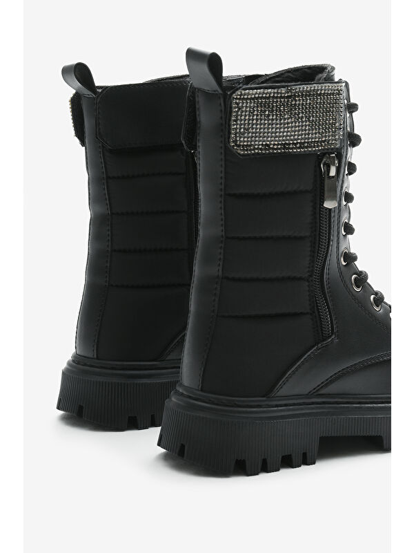 Tonny Black Siyah Tonny Black Cilt Termo Kız Çocuk Taban Taş Detaylı Fermuarlı ve Bağcıklı Cırtlı Bot