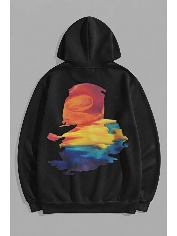 Trendseninle Unisex 3 İplik Pamuklu Siyah Boya Baskı Bol Kalıp Sweatshirt Hoodie