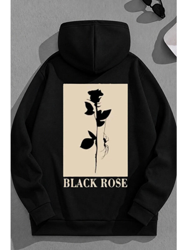 Trendseninle Unisex 3 İplik Pamuklu Siyah BlackRose Baskı Bol Kalıp Sweatshirt Hoodie