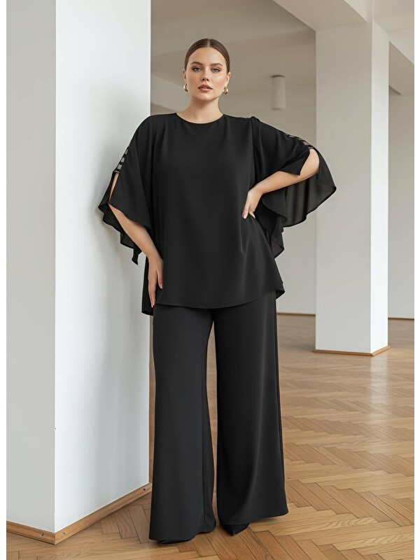 Pera Moda Yanları Boncuklu Zarif Kollu Uzun Oversize Büyük Beden Kadın Gömlek