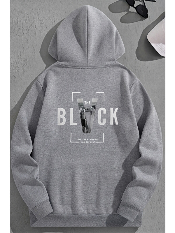Trendseninle Unisex 3 İplik Pamuklu Gri SIRTBLACK Baskı Bol Kalıp Sweatshirt Hoodie