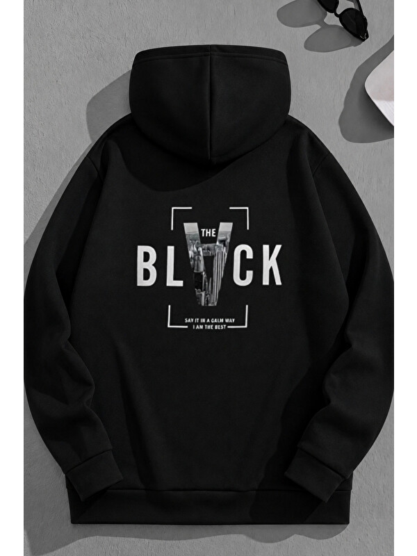Trendseninle Unisex 3 İplik Pamuklu Siyah SIRTBLACK Baskı Bol Kalıp Sweatshirt Hoodie