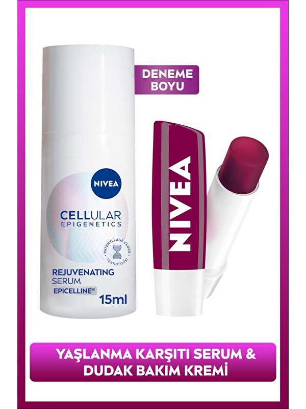NIVEA Cellular Epigenetics Rejuvenating Yaşlanma Karşıtı Cilt Serumu 15ml ve Böğürtlen Renkli Dudak Kremi