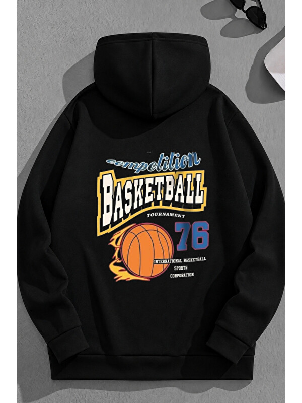 Trendseninle Unisex 3 İplik Pamuklu Siyah Basketball76 Baskı Bol Kalıp Sweatshirt Hoodie