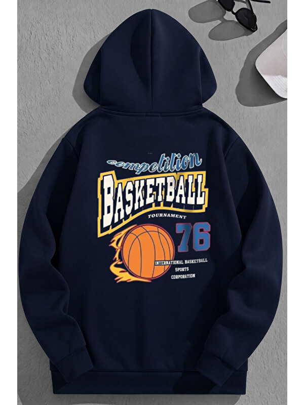 Trendseninle Unisex 3 İplik Pamuklu Lacivert Basketball76 Baskı Bol Kalıp Sweatshirt Hoodie