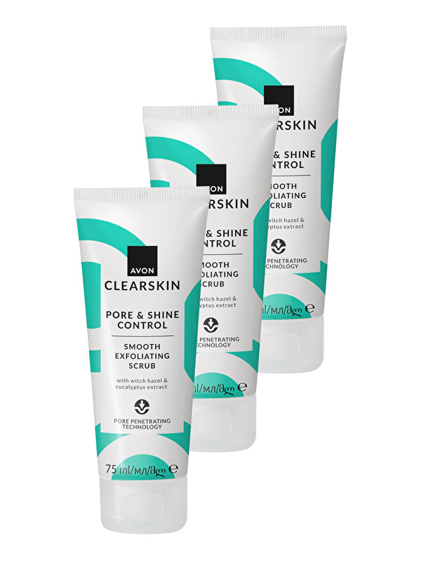 AVON Clearskin Pore & Shine Control Smooth Yüz İçin Arındırıcı Scrub 75 Ml. Üçlü Paket