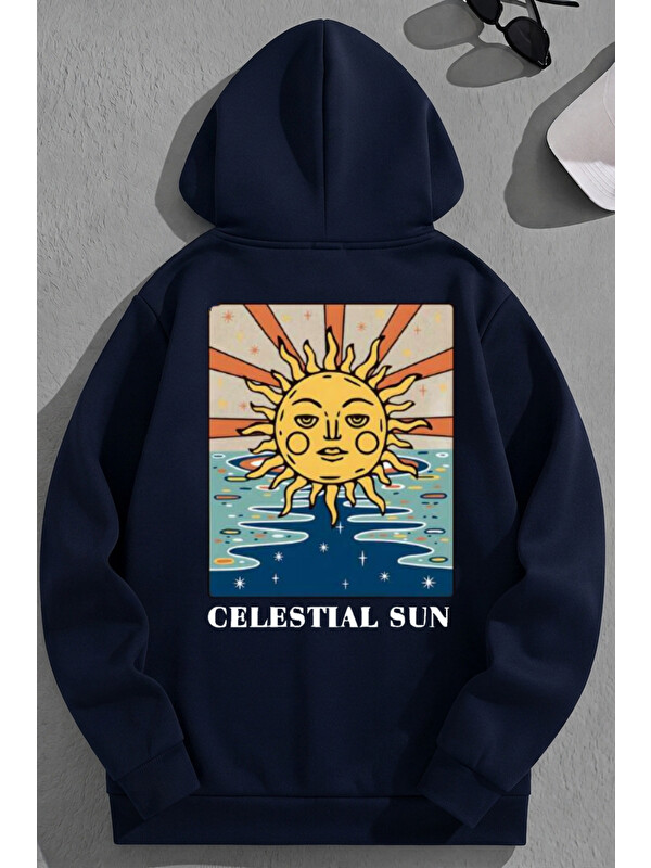 Trendseninle Unisex 3 İplik Pamuklu Lacivert CelestialSun Baskı Bol Kalıp Sweatshirt Hoodie