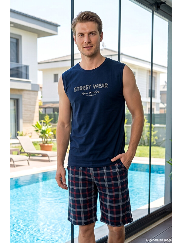 Remsa Erkek Kolsuz Şortlu  Süprem Kumaş Pijama Takımı 3377 Lacivert