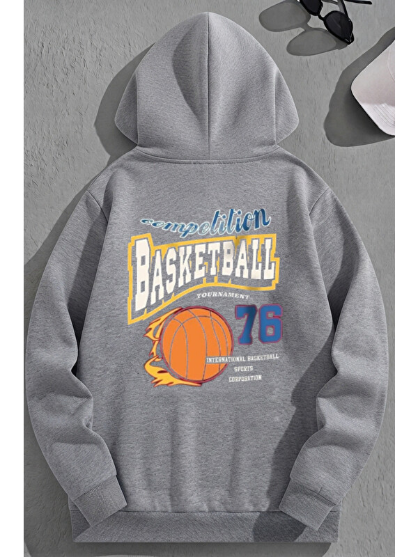 Trendseninle Unisex 3 İplik Pamuklu Gri Basketball76 Baskı Bol Kalıp Sweatshirt Hoodie