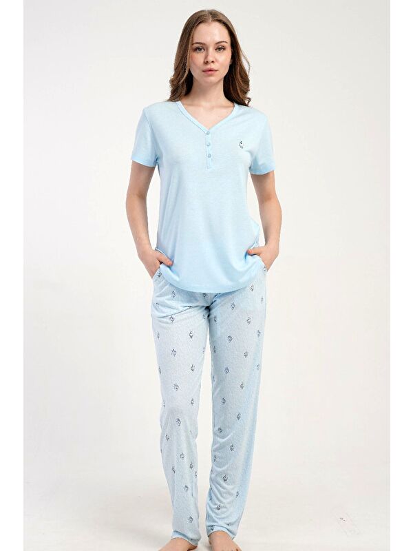 C&City Damla Yaka Yarım Düğmeli Pijama Takımı Açık Mavi-512230