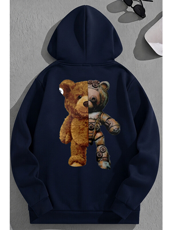 Trendseninle Unisex 3 İplik Pamuklu Lacivert RobotBEAR Baskı Bol Kalıp Sweatshirt Hoodie