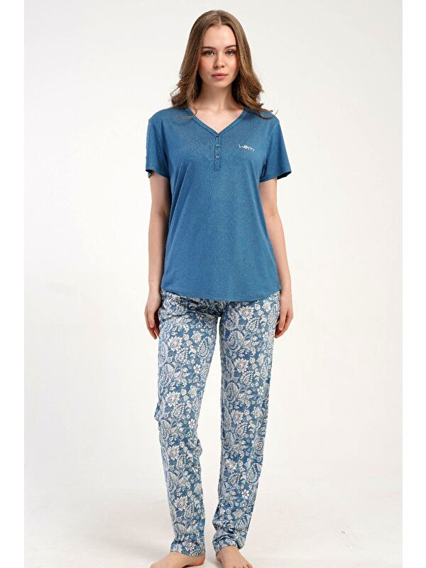 C&City Damla Yaka Yarım Düğmeli Pijama Takımı Mavi-512276