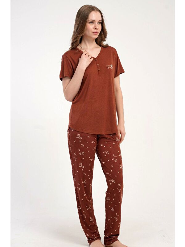 C&City Damla Yaka Yarım Düğmeli Pijama Takımı Kiremit-512242