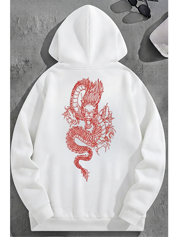 Trendseninle Unisex 3 İplik Pamuklu Beyaz RedDragon Baskı Bol Kalıp Sweatshirt Hoodie