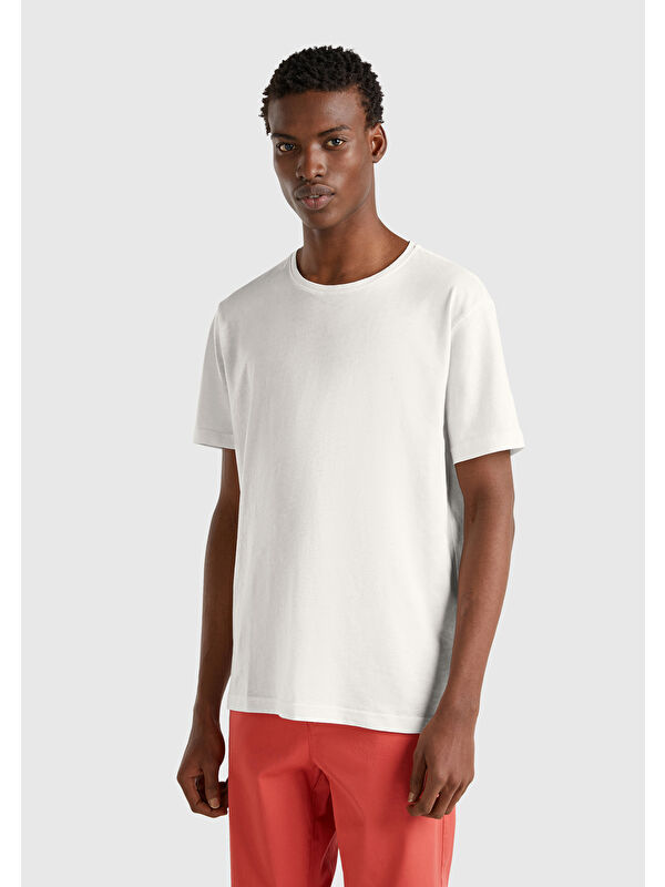 United Colors Of Benetton Erkek Beyaz %100 Pamuk Bisiklet Yaka Tişört