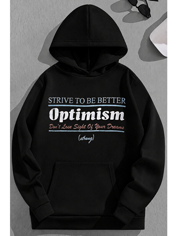 Trendseninle Unisex 3 İplik Pamuklu Siyah Optimism Baskı Bol Kalıp Sweatshirt Hoodie