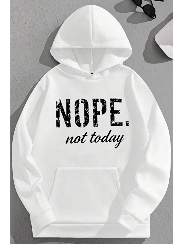 Trendseninle Unisex 3 İplik Pamuklu Beyaz NOPE Baskı Bol Kalıp Sweatshirt Hoodie