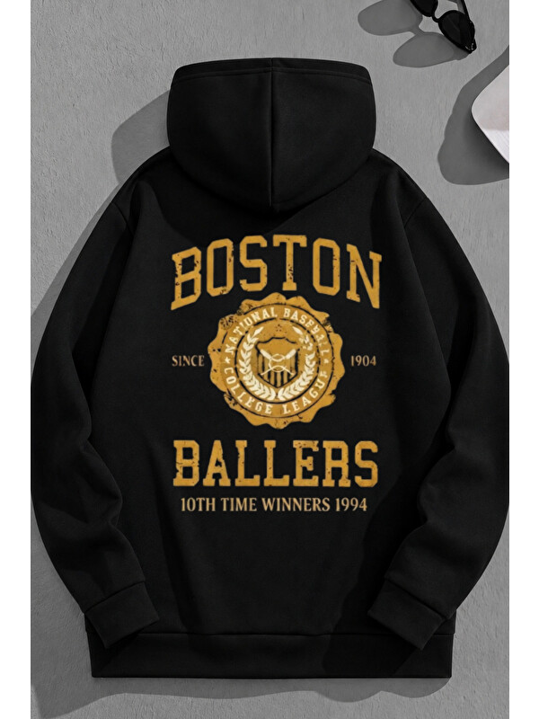 Trendseninle Unisex 3 İplik Pamuklu Siyah BostonBallers Baskı Bol Kalıp Sweatshirt Hoodie