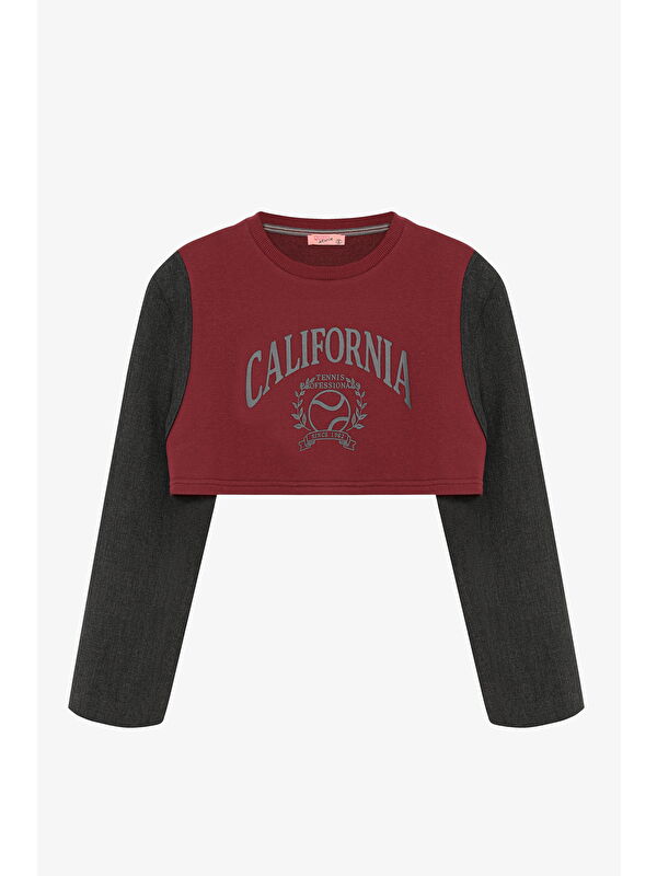 QUZU Blazer Garnili Vatkalı Crop Sweatshirt Bordo