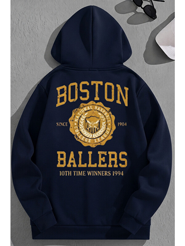 Trendseninle Unisex 3 İplik Pamuklu Lacivert BostonBallers Baskı Bol Kalıp Sweatshirt Hoodie