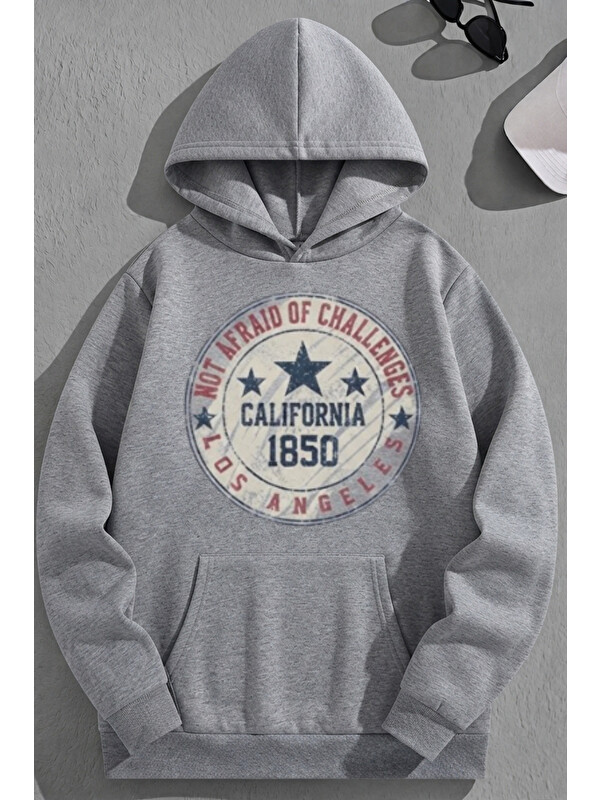 Trendseninle Unisex 3 İplik Pamuklu Gri Calif1850 Baskı Bol Kalıp Sweatshirt Hoodie