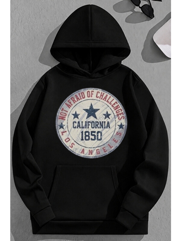 Trendseninle Unisex 3 İplik Pamuklu Siyah Calif1850 Baskı Bol Kalıp Sweatshirt Hoodie