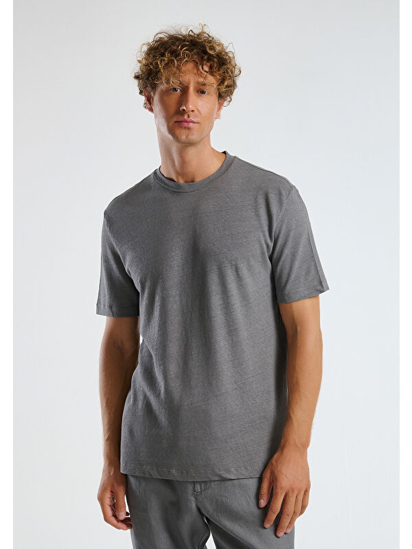 United Colors Of Benetton Erkek Gri Keten Karışımlı Regular Fit Tişört