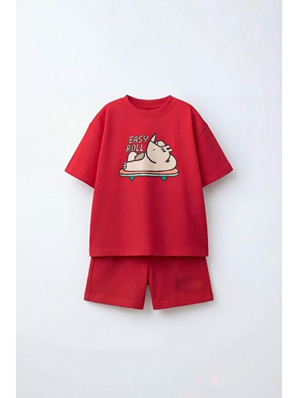 Magu Erkek Çocuk Pamuklu Gergedan Baskılı Kırmızı T-Shirt Şort Takım