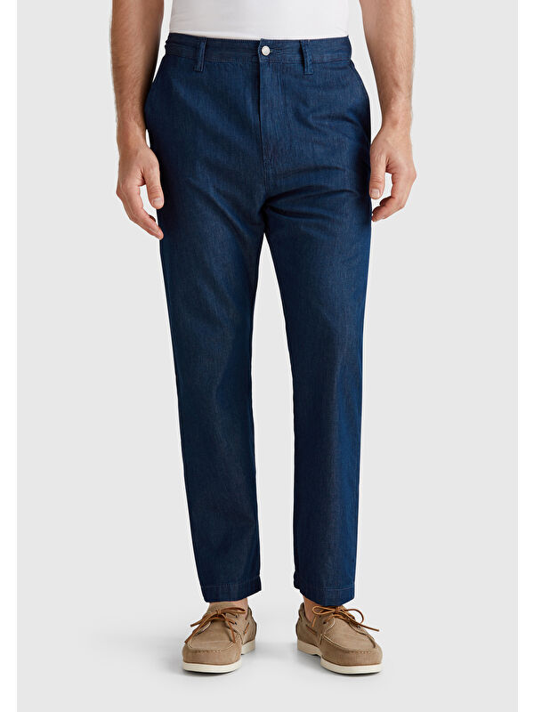 United Colors Of Benetton Erkek Koyu Mavi %100 Pamuk Beli Lastikli Şamre Denim Jean Pantolon