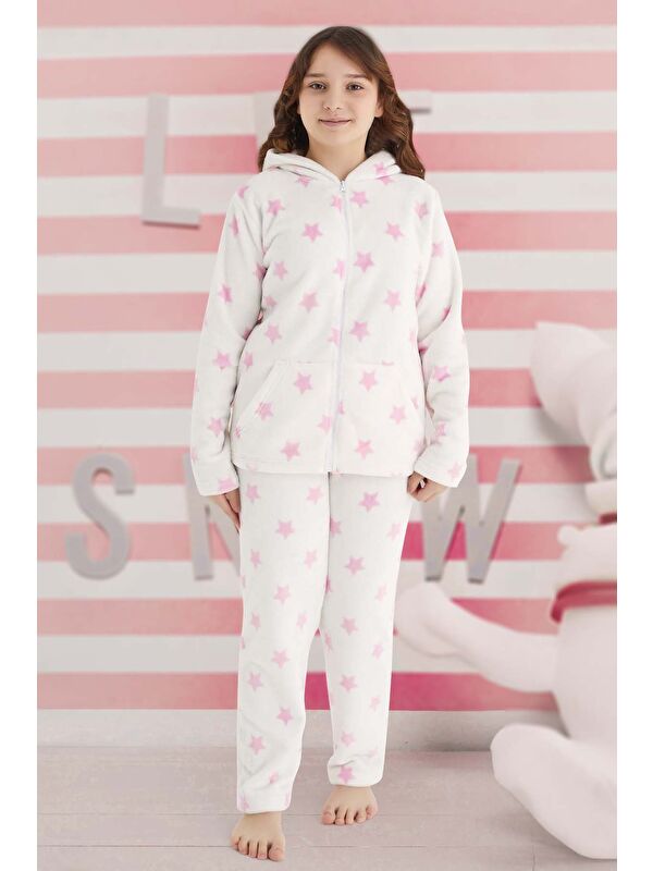 Remsa Kız Çocuk Desenli Polar Pijama Takımı 240521 Ekru01