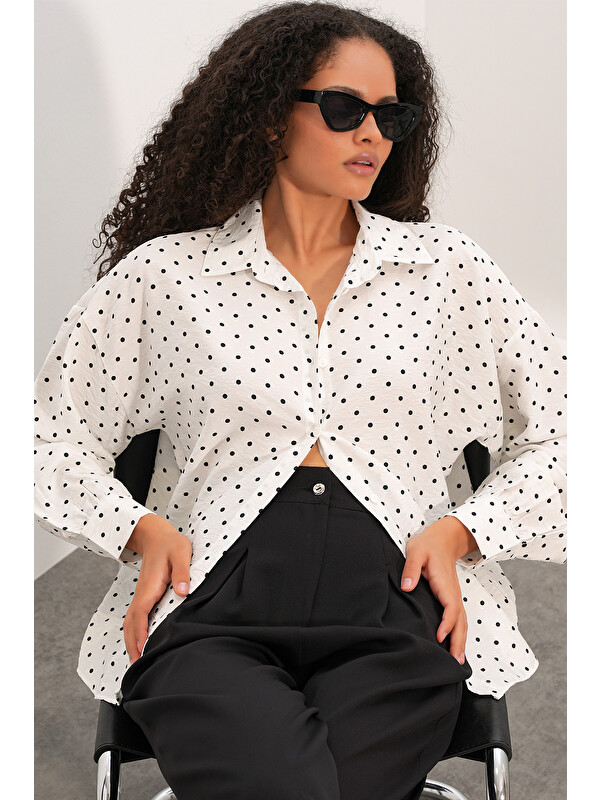 Bigdart Kadın Oversize Puantiyeli Gömlek 20392 - Beyaz