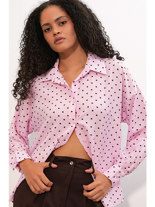 Bigdart Kadın Oversize Puantiyeli Gömlek 20392 - Pembe