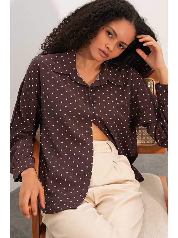 Bigdart Kadın Oversize Puantiyeli Gömlek 20392 - Kahverengi