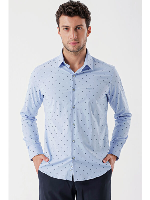 İMZA Koyu Mavi Uzun Kollu Bez Ayağı Sert Yaka Cepsiz Garnili Klasik Slim Fit Gömlek 1004235106