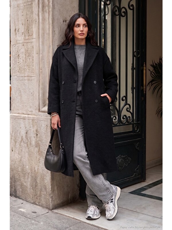 Lela Oversize Fit Mono Yaka Düğmeli Buklet Uzun Kadın Kaşe Kaban 6811997