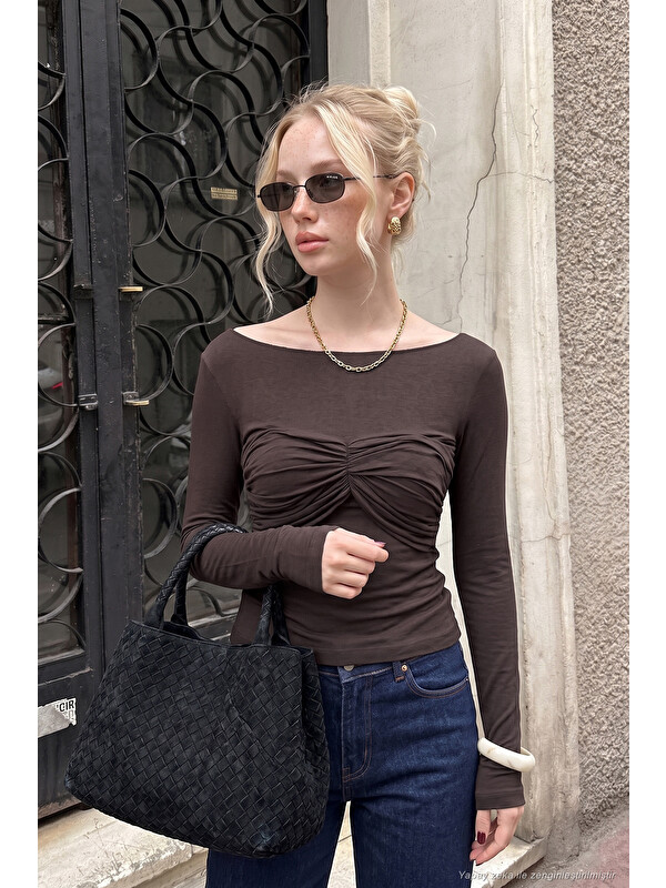 Lela Göğüs Drape Detaylı Kayık Yaka Kadın Bluz 5867117