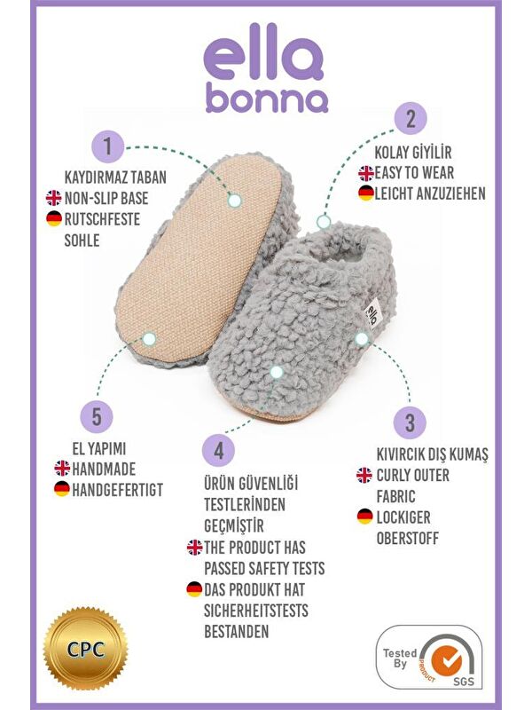 Teddy Bebek Patiği Ev Pandufu, Kaydırmaz Taban, Organik Pamuk Astar Kreş Ayakkabısı - Görsel 4