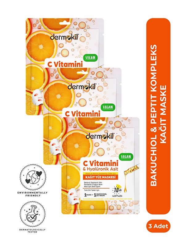 Dermokil C Vitamini & Hyalüronik Asit İçeren Kağıt Yüz Maskesi 20 ml x 3 Adet
