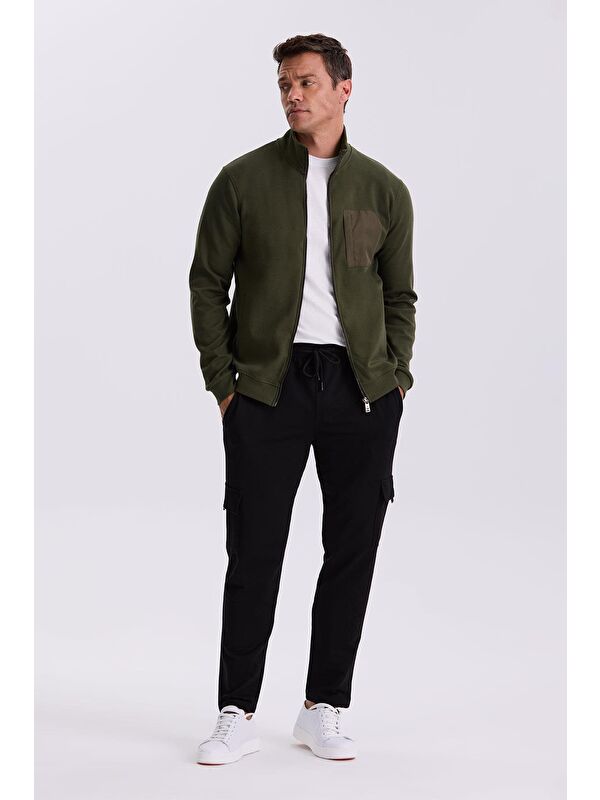 JAKAMEN Haki Slim Fit Fermuarlı Pamuklu Elastanlı Eşofman Üstü