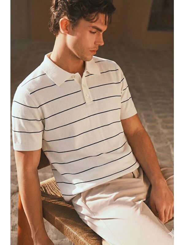 Tarz Cool Erkek Old Money Çizgili Polo Yaka Triko Tişört Slim Fit