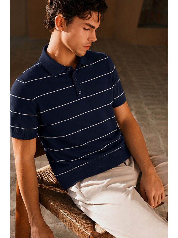 Tarz Cool Erkek Old Money Çizgili Polo Yaka Triko Tişört Slim Fit