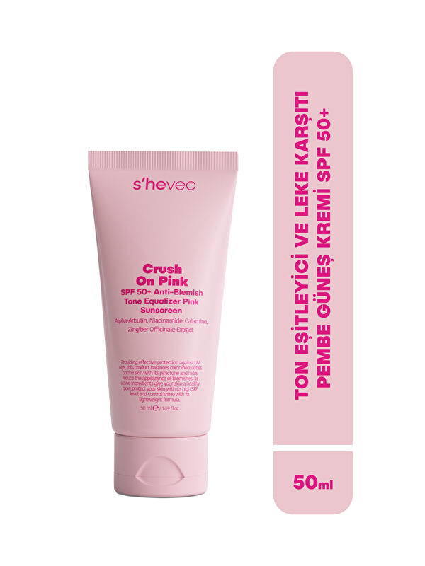 shevec Ton Eşitleyici, Leke Karşıtı ve Aydınlatıcı Pembe Vegan Güneş Kremi SPF50+ 50 ml Crush On Pink