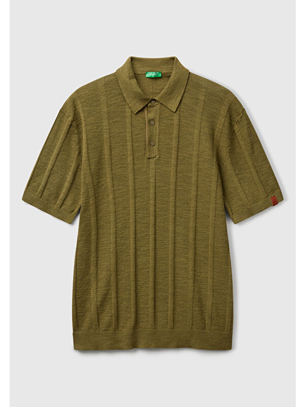 United Colors Of Benetton Erkek Haki Pamuk Karışımlı Kontrastlı Düğmeli Regular Fit Triko Polo Tişört