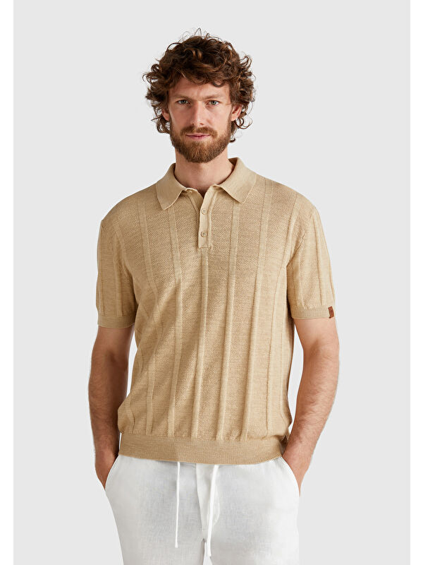 United Colors Of Benetton Erkek Bej Pamuk Karışımlı Kontrastlı Düğmeli Regular Fit Triko Polo Tişört