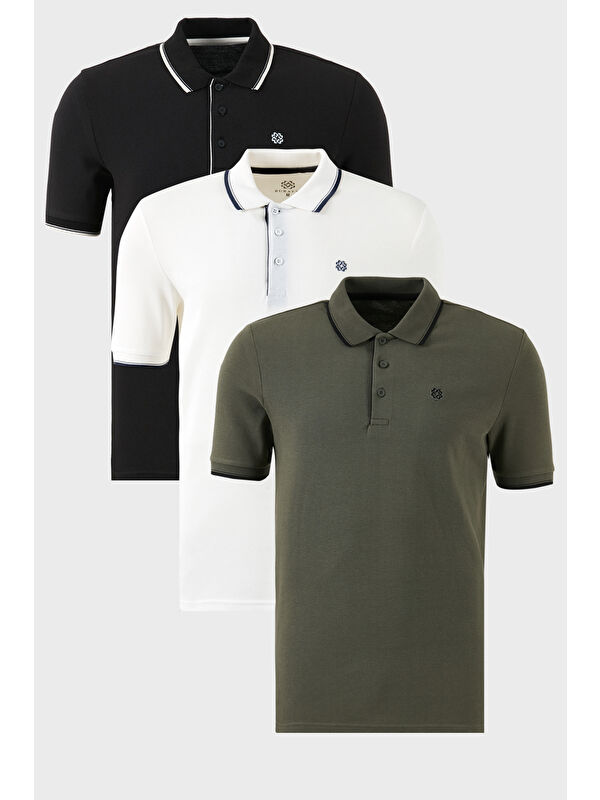 Buratti Pamuklu Slim Fit Şerit Detaylı Düğmeli Polo Yaka 3'lü Paket %100 Pamuk Tişört 5902118S3