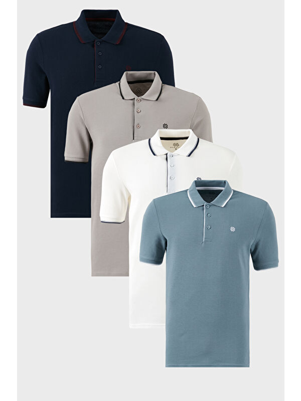 Buratti Pamuklu Slim Fit Şerit Detaylı Düğmeli Polo Yaka 4'lü Paket %100 Pamuk Tişört 5902118S4