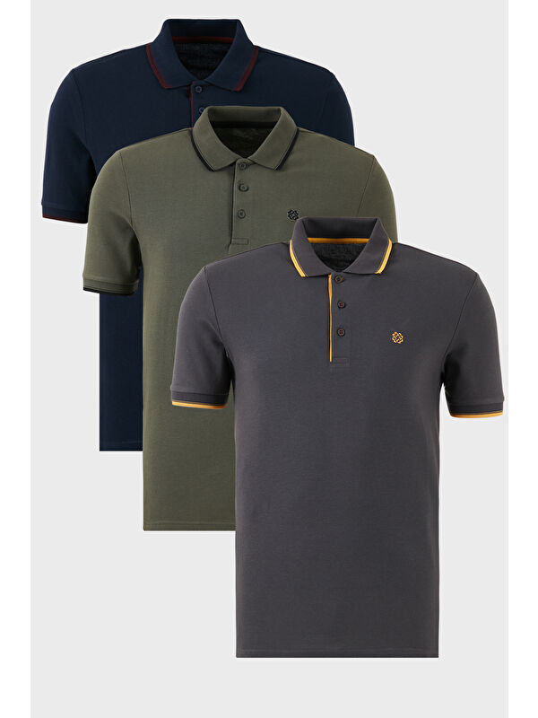 Buratti Pamuklu Slim Fit Şerit Detaylı Düğmeli Polo Yaka 3'lü Paket %100 Pamuk Tişört 5902118S3