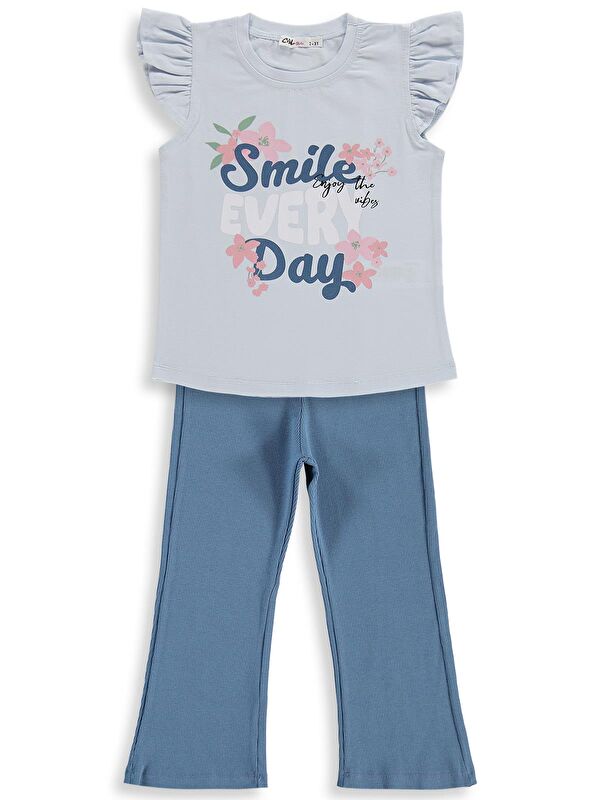 Civil Girls Smile Baskılı 2-5 Yaş Takım - Açık Mavi-Koyu İndigo